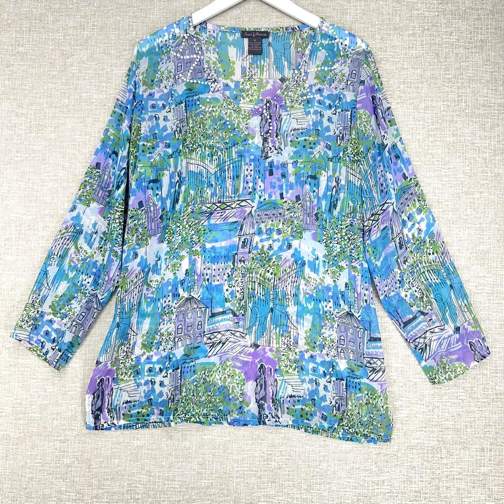 French Postcards Blouse Women Medium Blue‎ Sheer Cityscape Sequin Tunic Top